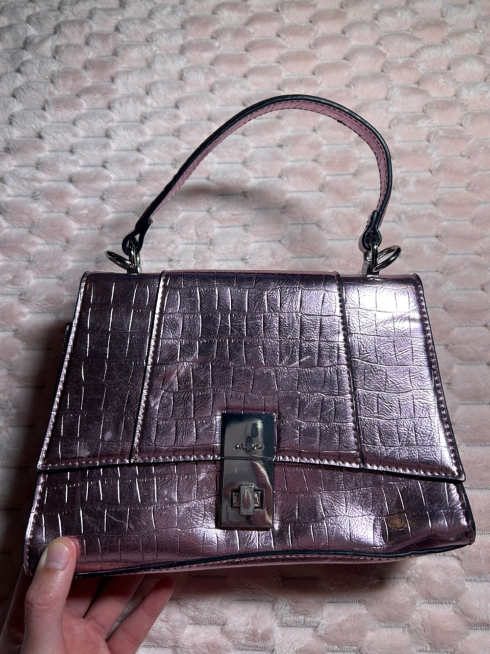 Aldo Metallic Croc-Embossed Top Handle Bag